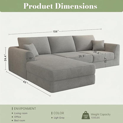 106" Modular Sectional Sofa with Deep Seat, L-Shaped Corduroy Couch with Reversible Chaise, 3-Piece Set for Living Room Bedroom Apartment, No Assembly Required | Modular Design
