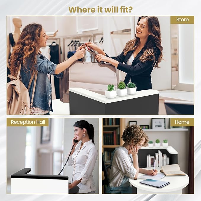 Reception Desk, Retail Checkout Counter w/Lockable Drawer & Open Shelves, Computer Workstation, Small Front Desk Reception Counter for Company Lobby Store Salon Office (White & Black)