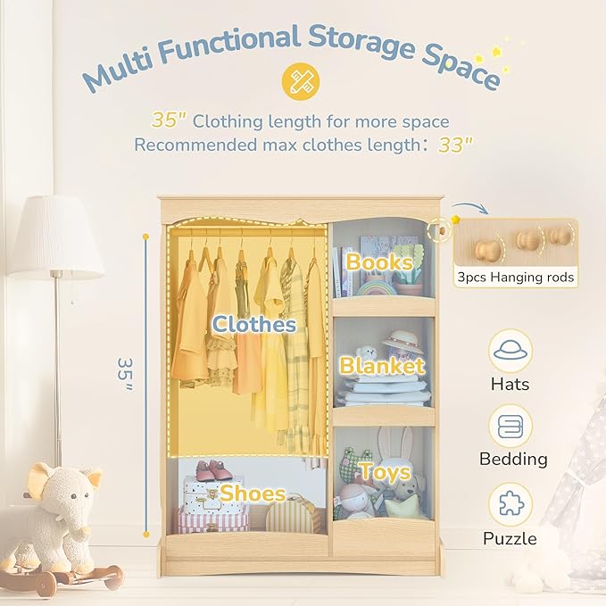 Curipeer Kids Dress Up Storage with Flower Mirror, Open Hanging Closet Wardrobe for Children, Kids Armoire & Costume Organizer for Bedroom Playroom Preschools Classroom, Wood Color