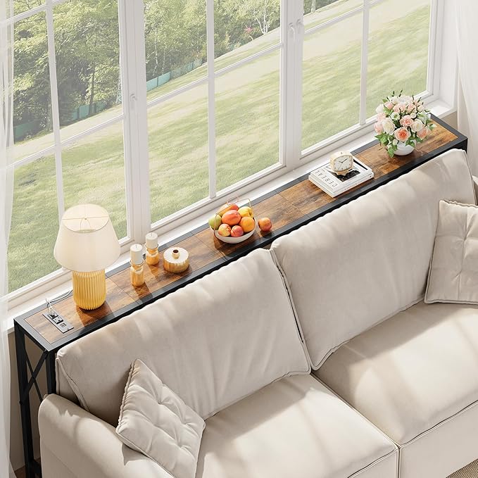 Gewudraw 70 in Skinny Sofa Table Behind Couch, Console Table with Oulets & USB Ports for Hallway, Entryway,Living Room, Bedroom, Rustic Brown