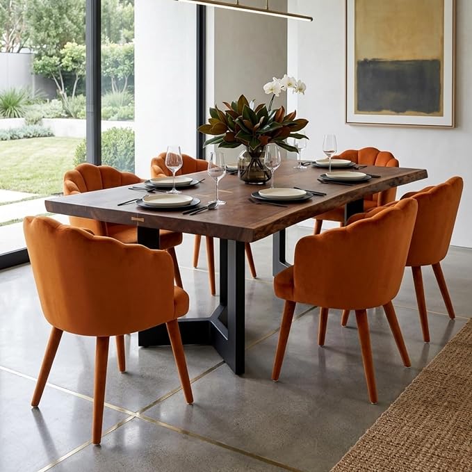 Hyfirm Velvet Dining Chairs Set of 6, Upholstered Modern Kitchen Dining Chairs with Petal Back & Fabric Covered Wooden Legs, Comfy Accent Armchairs for Bedroom/Kitchen/Vanity, Orange