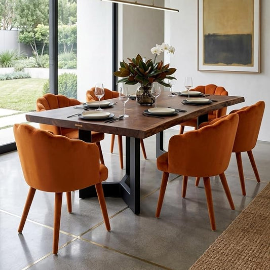 Hyfirm Velvet Dining Chairs Set of 6, Upholstered Modern Kitchen Dining Chairs with Petal Back & Fabric Covered Wooden Legs, Comfy Accent Armchairs for Bedroom/Kitchen/Vanity, Orange