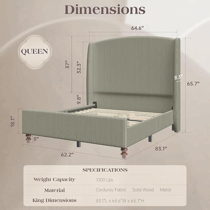 Queen Size Upholstered Bed Frame with 65.7" Tall Headboard Wingback, Soft Washable Corduroy Beds Cover, Solid Wood Legs, Noise-Free, No Box Spring Needed, Light Gray