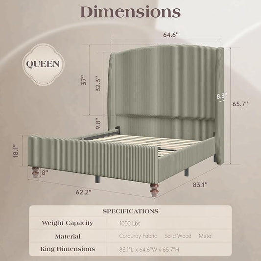 Queen Size Upholstered Bed Frame with 65.7" Tall Headboard Wingback, Soft Washable Corduroy Beds Cover, Solid Wood Legs, Noise-Free, No Box Spring Needed, Light Gray
