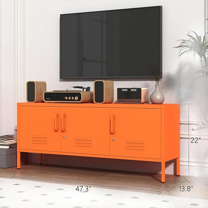 3 Door Lockable Metal TV Stand Storage Cabinet with Accent Cabinet Locker, Wide Heavy Duty Media Console for Large 100+ Inch TVs, Home Office Entertainment Center, Orange 22"H X 47.3"W X 13.8"D