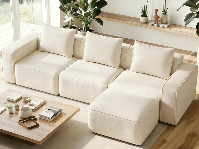 Welzona 103" Modular Sectional Sofa, Minimalist Comfy Cloud Couch Sectional, Tool-Free Setup Couches for Living Room, Wood Frame l Shaped Couch with Ottoman, 22" Deep Seat Chenille Cloud Sofa