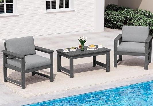 SERWALL 3 Pieces HDPE Outdoor Bistro Sofa Set with Cushions, All Weather Use Adirondack Single Armchair Set of 2 with Side Table, Grey Frame with Grey Cushions