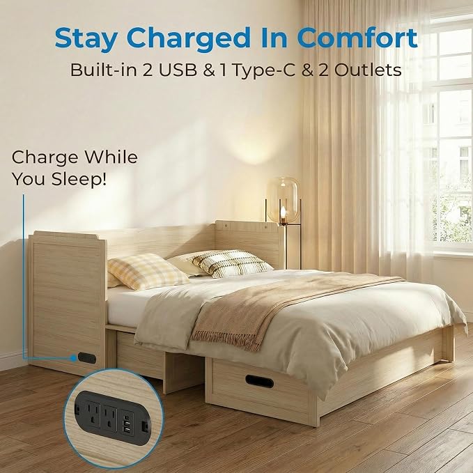Mjkone Queen Murphy Bed, Murphy Cabinet Bed with USB Charging Station & Tri-Fold Memory Foam Mattress, Hidden Cube Cabinet Beds with Large Storage Drawer for Guest Room Home Office, Natural Wood