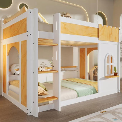 Twin Over Twin Bunk Bed with Storage Shelves,Window and Two Doors,for Kids Teens Adults Use (White+Natural-Window, Twin Over Twin)