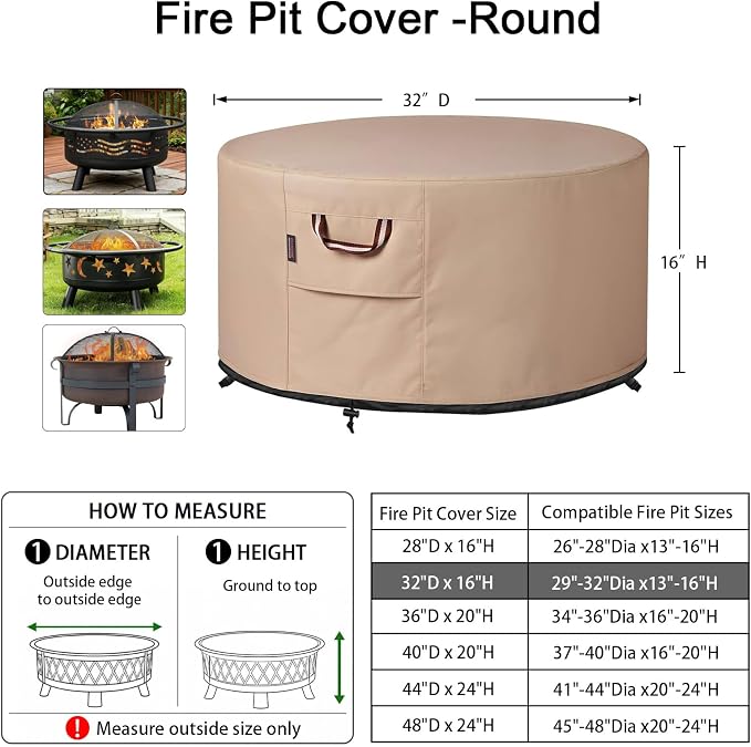 QH.HOME Fire Pit Cover Round-29-32 Inch Heavy Duty 900D Strong Tear-Resistant and UV Resistant and Waterproof and Fading Resistant Material Polyester Firepit Covers Round for Outdoor Fire Pit-Wheat