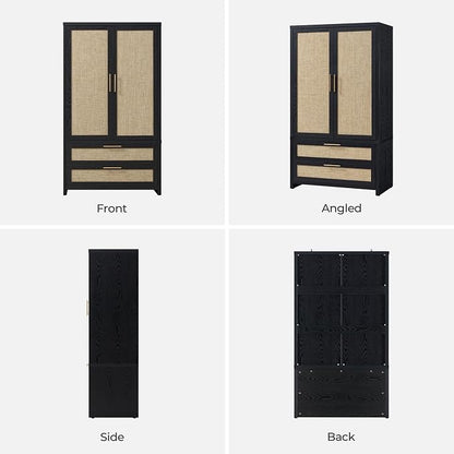SICOTAS Larger Armoire Wardrobe Closet, 71" Tall Rattan Wardrobe Closet Cabinet with Storage and 2 Drawers, Boho Armoire Clothes Organizer with Hanging Rod for Bedroom, Black Oak (2 PCS)