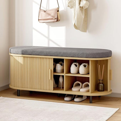 ONBRILL 43" Shoe Bench with Storage, Fluted Shoe Storage Bench with Cushion, Sliding Door and Adjustable Shelf, for Entryway, Hallway, Living Room, Oak
