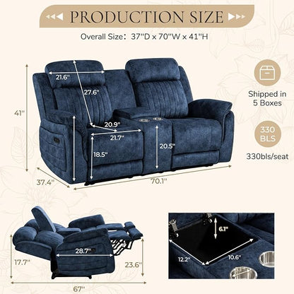 Power Reclining Loveseat with Zero Gravity, Adjustable Headrest, Power Reclining Loveseat with Console, USB/Type-C Ports, Electric 2-Seat Recliner Couch for Living Room(Blue, Loveseat)