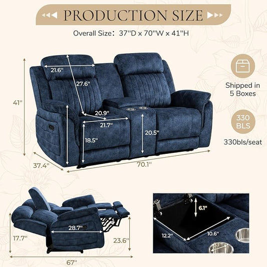 Power Reclining Loveseat with Zero Gravity, Adjustable Headrest, Power Reclining Loveseat with Console, USB/Type-C Ports, Electric 2-Seat Recliner Couch for Living Room(Blue, Loveseat)