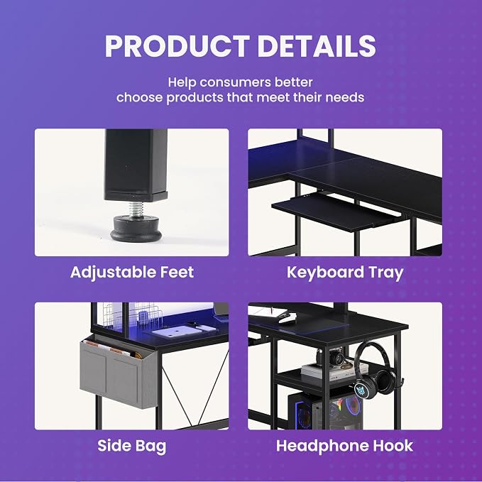 DUMOS 67" L Shaped Gaming Desk, Corner Desks for Compact Spaces with Keyboard Tray & Storage Shelf,Reversible Computer Desk with LED Lighting,Metal Frame PC Gaming Table for Home Office, Black