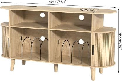 LUVIOHOME Large Round Record Player Stand with Charging Station & USB Ports，Record Storage Cabinet, Mid Century Modern Turntable Stand for Bedroom Living Room (Oak)