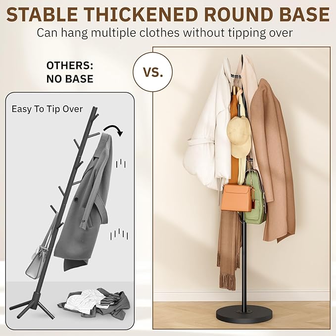 MISSLO Heavy Duty Coat Rack Freestanding with Stable Wood Base Metal Coat Tree Adjustable Coats Hanger Stand with 6 Hooks Clothes Tree for Jackets, Hats, Bags Standing Purse Rack for Bedroom, Office