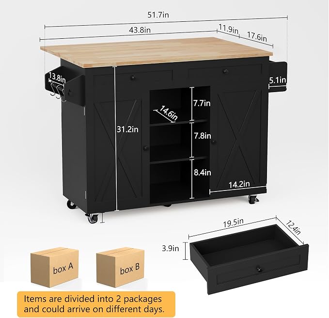 HLR Kitchen Island On Wheels, Black Rolling Kitchen Island Cart with Drop Leaf Countertop, Barn Door Kitchen Islands Table with Storage Cabinet and Tower Rack, Island Table for Kitchen