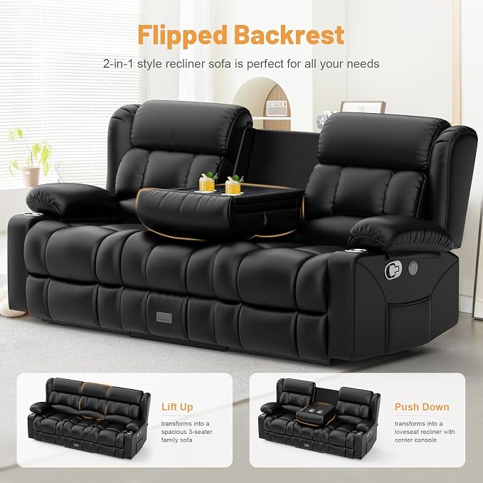 Dresegmt Loveseat Recliner Sofa Set, Flip Middle Backrest Design PU Leather 3 Seater Reclining Sofa and Single Oversized Recliner Chair, Manual Couches for Living Room (Black, PU 3+1)