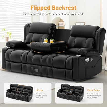 Dresegmt Loveseat Recliner Sofa, Flip Middle Backrest Design PU Leather 3 Seat Reclining Sofa with Storage Drawer, Manual Couch for Living Room/RV (Black, PU)
