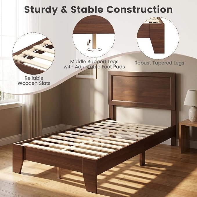 KOMFOTT Twin Size Bed Frame, Mid-Century Modern Platform Bed with Headboard, Wooden Slat Support Mattress Foundation, Under-Bed Storage Space, No Box Spring Needed (Walnut,Twin)