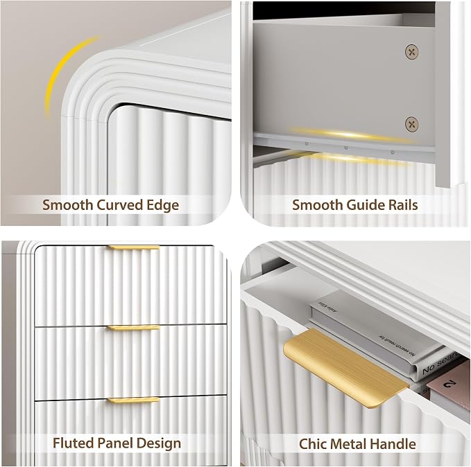 Decofy Fluted Nightstand with Charging Station, Modern Bedroom Side Table with Gold Handles, Curved Profile Design, End Table Wood Organizer for Bedroom, 19.7" & 3 Drawers (1 Pack, Pure White)