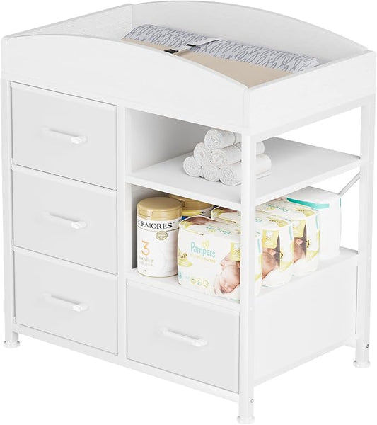 Homeiju Baby Changing Table with 4 Drawers and 2 Shelves - Baby Dresser with Changing Table Top Diaper Changing Station with Storage for Nursery Modern, White