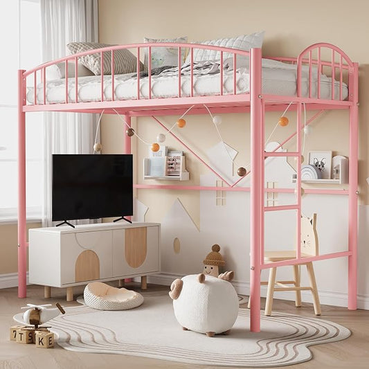 GarveeHome Loft Bed Twin Size, Heavy Duty Metal Loft Bed Frame with Arched Guardrail and Safety Ladder, Space-Saving, No Box Spring Needed, Modern Pink