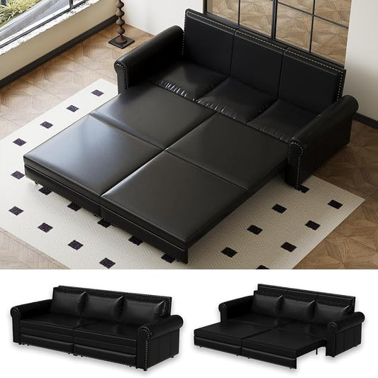 93.7" King Pull Out Sofa Bed, Faux Leather Sleeper Sofa Couch, 3 in 1 Convertible Futon Couches for Living Room, Small Space, Apartment, Office, Bedroom, Modern Rivet Armrest, Black