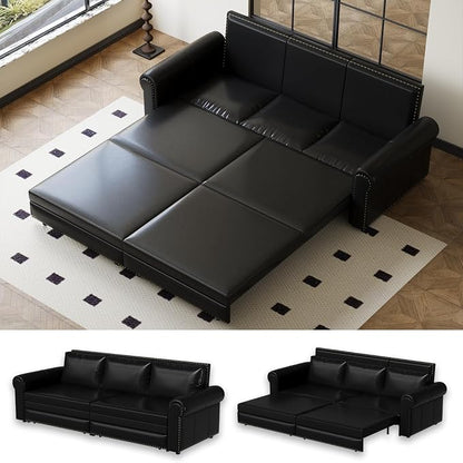 93.7" King Size Sleeper Sofa Bed, Pull Out Sofa Bed, Faux Leather Upholstery, 3 in 1 Convertible Sleeper Couch, Chaise Lounge, Retro Recliner for Living Room, Apartment, Office, Black
