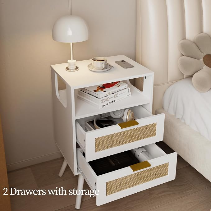 JOONEE Rattan Nightstand,Farmhouse Bedside Table with 2 Storage Drawer and Open Wood Shelf, for Bedroom and Small Spaces,Night Stand with Solid Wood Legs (White)