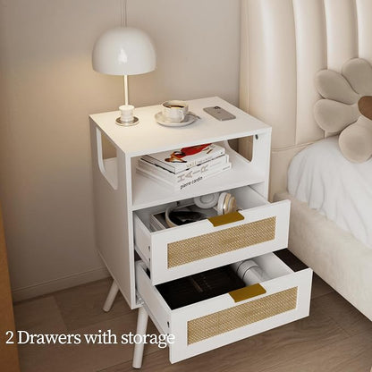 JOONEE Rattan Nightstand,Farmhouse Bedside Table with 2 Storage Drawer and Open Wood Shelf, for Bedroom and Small Spaces,Night Stand with Solid Wood Legs (White)