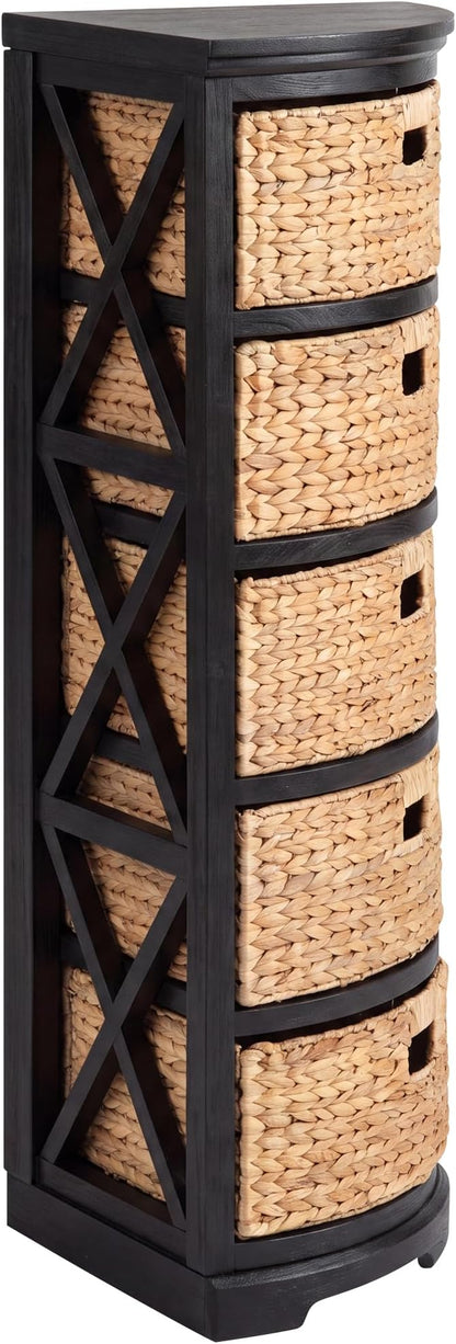 eHemco Hampton Meadows 5 Tier X-Side Corner Storage Cabinet, Black | 5 Wicker Baskets