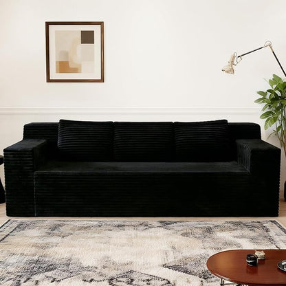 Kurhwyss 71" Corduroy Living Room Sofa, 3 Setaser Deep Seat Couch with 3 Lumbar Pillows, Comfy Boneless Sofa Modern Compressed Couch for Bedroom, Office, Apartment, No Assembly, Flat Armrests (Black)