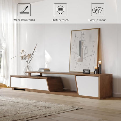 homary Extendable TV Stand with 3 Drawers Minimalist Rectangle Entertainment Center White & Walnut TV Console Up to 110" (70.9”W-110.2”W)