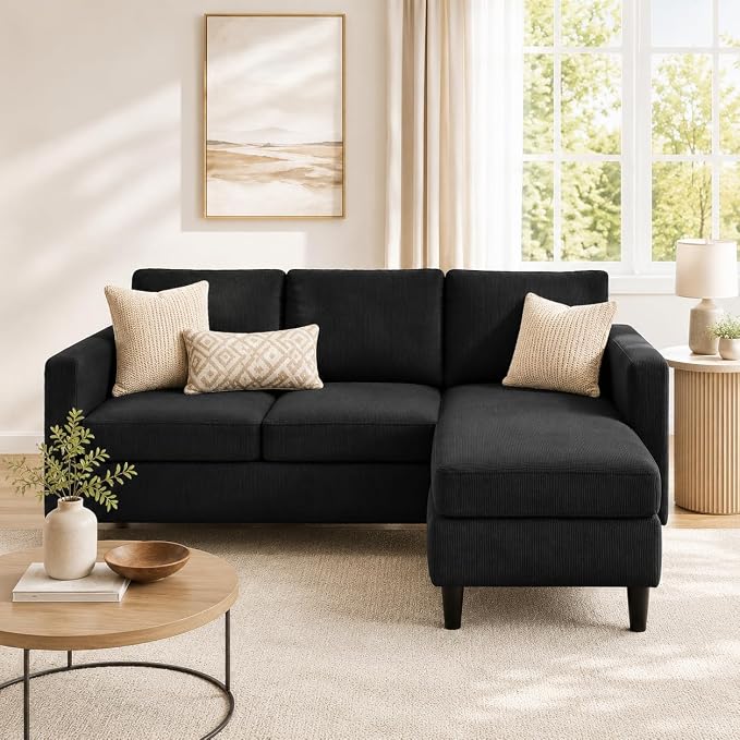 73.6" Convertible Sectional Sofa Couch with Reversible Ottoman, Modern 3-Seater L-Shaped Couch for Small Spaces, Compact Sofa for Studio Apartment, Living Room & Office, Easy Assembly (Black)