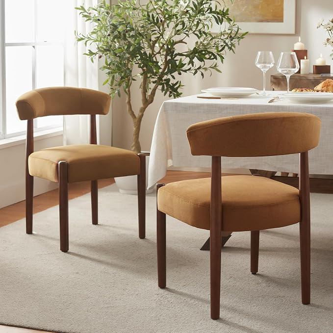 VKNOW Wooden Dining Chairs Set of 2, Modern Upholstered Dining Room Chairs with Walnut Wood Legs and Curved Backrest, Fabric Kitchen Chairs for Farmhouse/Living Room/Dining Room, Orange