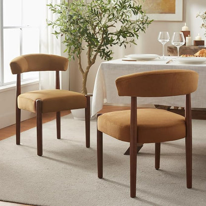 VKNOW Wooden Dining Chairs Set of 2, Modern Upholstered Dining Room Chairs with Walnut Wood Legs and Curved Backrest, Fabric Kitchen Chairs for Farmhouse/Living Room/Dining Room, Orange