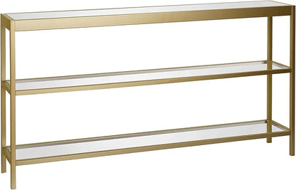 Henn&Hart 55" Wide Rectangular Console Table in Brass, Entryway Table, Accent Table for Living Room, Hallway | Open lower shelves adds practical storage while the glass design keeps spaces feeling bright for living rooms or entryways
