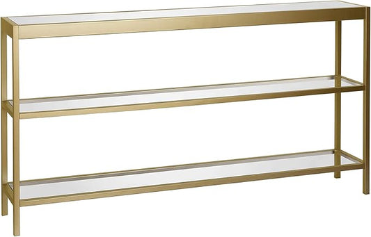 Henn&Hart 55" Wide Rectangular Console Table in Brass, Entryway Table, Accent Table for Living Room, Hallway | Open lower shelves adds practical storage while the glass design keeps spaces feeling bright for living rooms or entryways