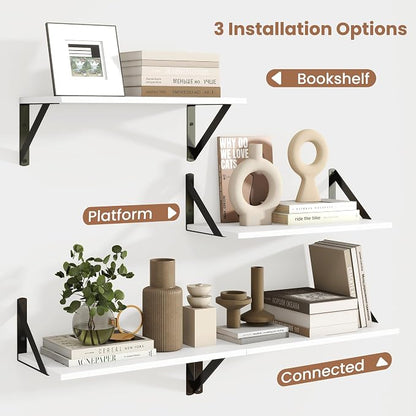 Axeman White Floating Shelves for Wall, 8 Inch Deep Wall Shelves Set of 2, 16''W x 8''D White Wood Shelves for Bookshelf Living Room Bedroom Home Office Bathroom