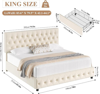 Keyluv King Size Upholstered Platform Bed Frame with 4 Storage Drawers, Modern Beige Velvet Bed with Adjustable Button Tufted Headboard, Solid Wooden Slat Support, Easy Assembly