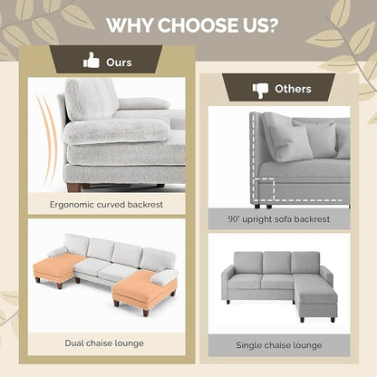 VINGLI 110' U-Shaped Sectional Couch with Two Chaise, Affordable Small Sofa with 4 Seats, Chenille Fabric Comfy Couches for Living Room, Beige