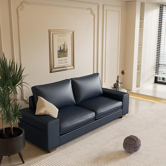 Valthie Faux Leather Couch, Mid Century Modern Comfy Loveseat Sofa with Wide Arm, Side Pockets, Solid Wooden Frame for Office, Living Room and Bedroom, 3 Seater (Blue, 88.58 inches)