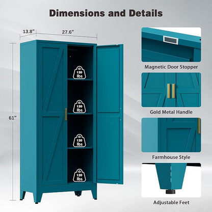 Metal Pantry Cabinet, 61" Tall Kitchen Storage Cabinet with 2 Doors and 3 Adjustable Shelves for Kitchen, Living Room, Dining Room, Bathroom and Home, Office (Blue, 1PC)