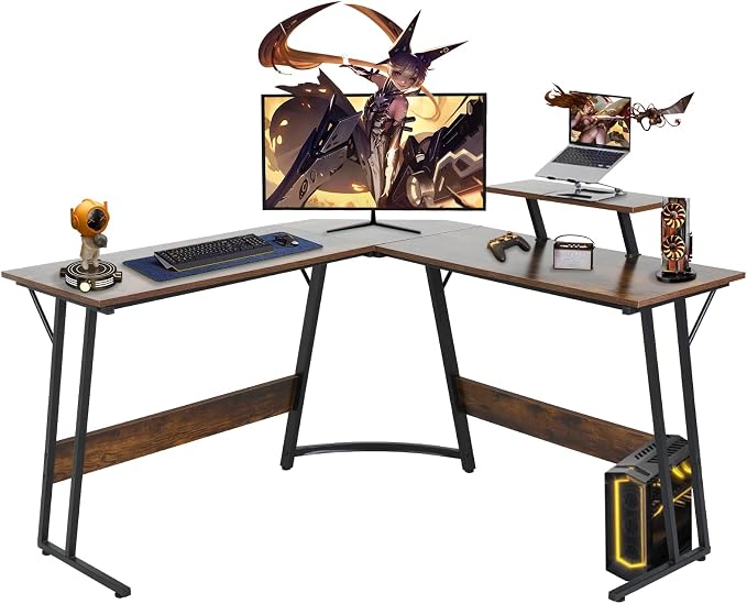 51 Inch L Shaped Gaming Desk Corner Computer Desk with Detachable Monitor Stand for Home Office Learning Gaming Workstation,Brown