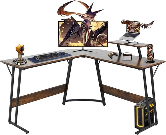 51 Inch L Shaped Gaming Desk Corner Computer Desk with Detachable Monitor Stand for Home Office Learning Gaming Workstation,Brown