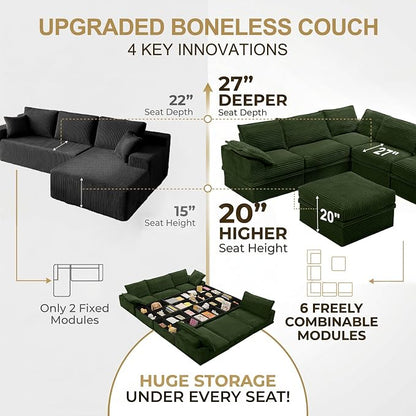 Upgrade Boneless Couch with Storage, Extra Deep&High Seat Modular Sectional Sofa 5 Seater U Shaped Couch with Ottoman, Tool-Free Assembly Sectional Couches for Living Room