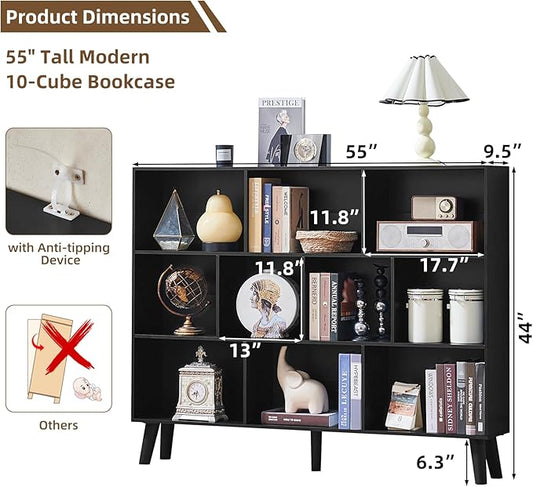 LEYAOYAO 10 Cube Bookshelf, 3 Tier Vintage 55" Wide Bookcase with Legs, Mid-Century Wood Bookshelves Storage, Black Large Book Case, Freestanding Organizer Display Shelf for Living Room, Office