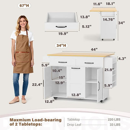 YESHOMY Kitchen Island on Wheels with Trash Cabinet, 56" Mobile Cart with Drop Leaf and Drawers, Rolling Portable Table with Spice Rack & Towel Holder for Dining Room, White & Brown